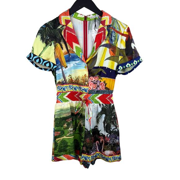 ALICE + OLIVIA Leighton Pajama Romper In Island Dreams Multi - Picture 8 of 12